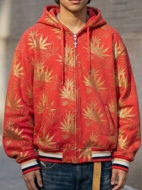 Vintage Early 2000s Red Botanical Leaf Print Zip Up Hoodie Jacket Gold Foil Y2K